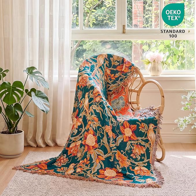 MSGKV Boho Throw Blanket 60"x80" 100% Cotton Floral Bird Blanket Couch Bed | 100% Cotton Throw, Floral Bird Design, Muslin Blanket, Summer Breathable, Farmhouse Home Decor, All Seasons, Machine Washable