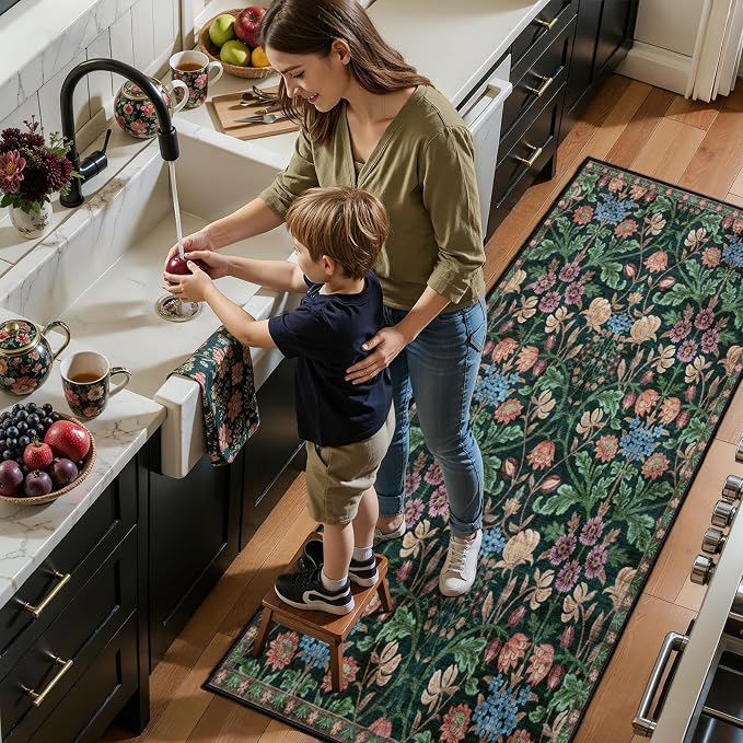 Ciicool 2x6 Runner Rug Non Slip，Floral Washable Kitchen Rugs for Hallways | Entryway Rug for Laundry Bedroom Bathroom Bedside,Boho Soft Low Pile Carpet Indoor Floor Mat Decor
