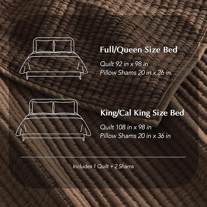 EVERGRACEHOME Cotton Ribbed Matelassé Coverlet Set, Queen, Sienna Brown | Soft Lightweight Bedspread, 3 Pieces, Breathable Cozy Oversized Quilted Bedding Set for All Seasons, with 2 Pillow Shams