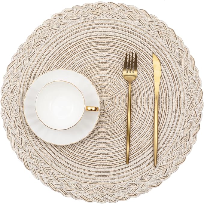 SHACOS Round Placemats Set of 4 Boho Braided Border 15 inch Circle Place Mats Washable Fabric Table Mats for Kitchen Dining Table, Ivory