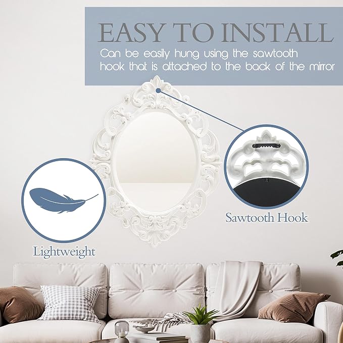 ANDALUS Small White Oval Vintage Mirror with Convenient Sawtooth Hook on Back - Pack of 1, Lightweight Ornate Wall Mirror for Home Decor, 11.5” x 15”