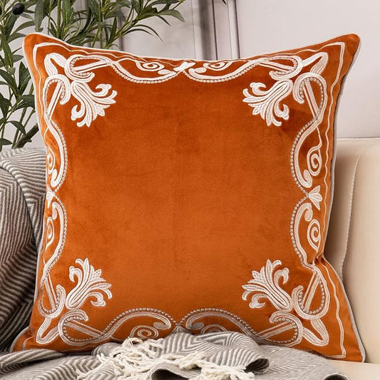 Aeckself European Floral Pillow Cover 20x20 Inch, Luxury Velvet Embroidered Decorative Throw Pillow Cover for Couch Bedroom Living Room, Burnt Orange and White