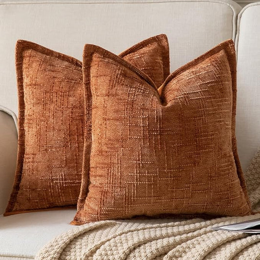 Yaertun Chenille Throw Pillow Covers 18x18 Inch Set of 2 Textured Broadside Soft Cozy Velvet Pillow Covers Modern Farmhouse Boho Decorative Pillow Cases for Couch Bed Sofa Livingroom Burnt Brick