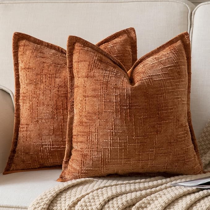 Yaertun Chenille Throw Pillow Covers 24x24 Inch Set of 2 Textured Broadside Soft Cozy Velvet Pillow Covers Modern Farmhouse Boho Decorative Pillow Cases for Couch Bed Sofa Livingroom Burnt Brick