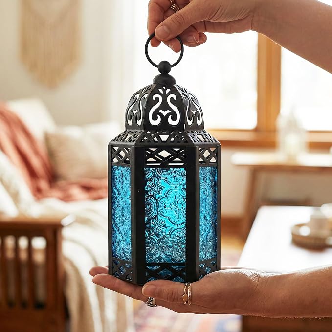 Vela Lanterns Decorative Indoor Moroccan Candle Table Centerpieces, Blue, S | Moroccan Lamp, Hurricane Glass Candle Holder, Patio Porch Decor, Arabian Nights Ramadan Centerpiece, Set of 2