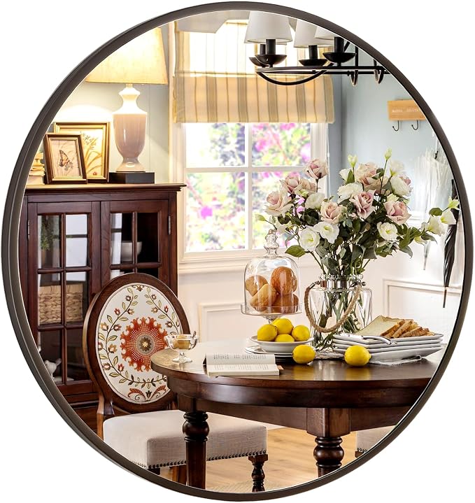 XRAMFY 24 Inch Round Mirror-Black Circle Mirrors for Bathroom, Entryway | Modern Hanging Vanity Mirror for Livingroom, Wall Decor, Bedroom, Matte Black Circle Decorative Wall Mirror