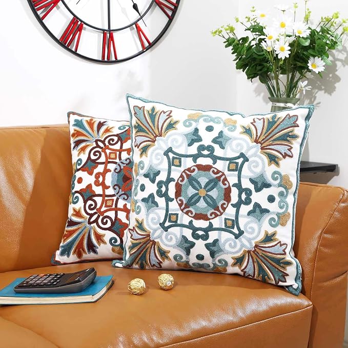 Onelsong Decorative Throw Pillow Covers for Couch Living Room 18x18 inches Set of 2 Embroidery Square Boho Throw Pillows Cover for Sofa Chair Bed