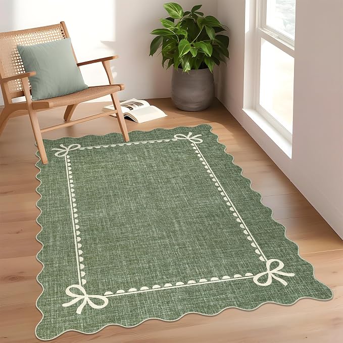 COZYLOOM 4x6 Scalloped Rugs for Dining Room Washable Living Room Area Rug, Non Slip Stain Resistant Modern Bow Carpet Non Shedding Low Pile Soft Bordered Mats for Bedroom, Nursery, Office, Green
