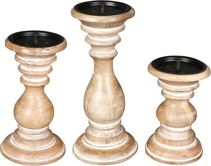 Pillar Candle Holders Set of 3 (10",8" & 6" Height)_White Wash,Candle Holder in Mango Real Wood,Decorative Candle Holders for Table Centerpiece, Wedding, Party, Home Décor, spa, Farmhouse, Gifting