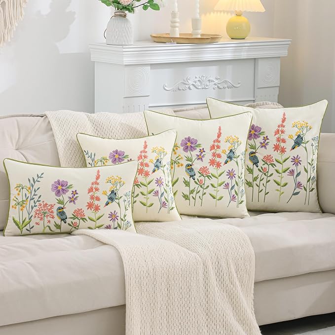 Embroidered Throw Pillow Covers 12x20 Pack of 2 Birds and Flowers | Durable Fabric,Square Pillow Cover,Boho Decorative,Hidden Zipper,Aesthetic Design,Ideal Gift,Machine Washable