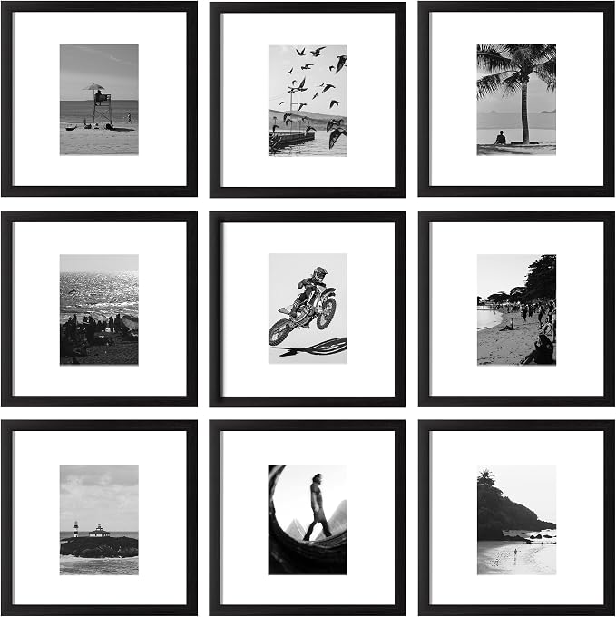 eletecpro Picture Frames Set of 9, 12x12 in, Acrylic Cover, Black | Display Multi Sizes with Mat or 12x12 without, Square Gallery Collage, Wall Mount, Minimalist Home
