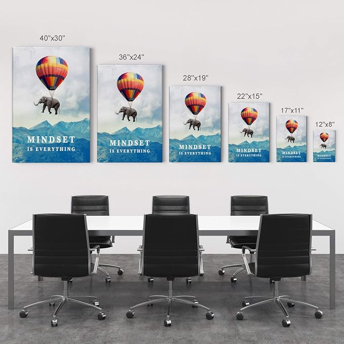 Smile Art Design Mindset is Everything Quote Elephant with Balloon Motivational Wall Art Canvas Print Inspirational Wall Art Entrepreneur Quote Office Living Room Decor Gift Ready to Hang 40x30