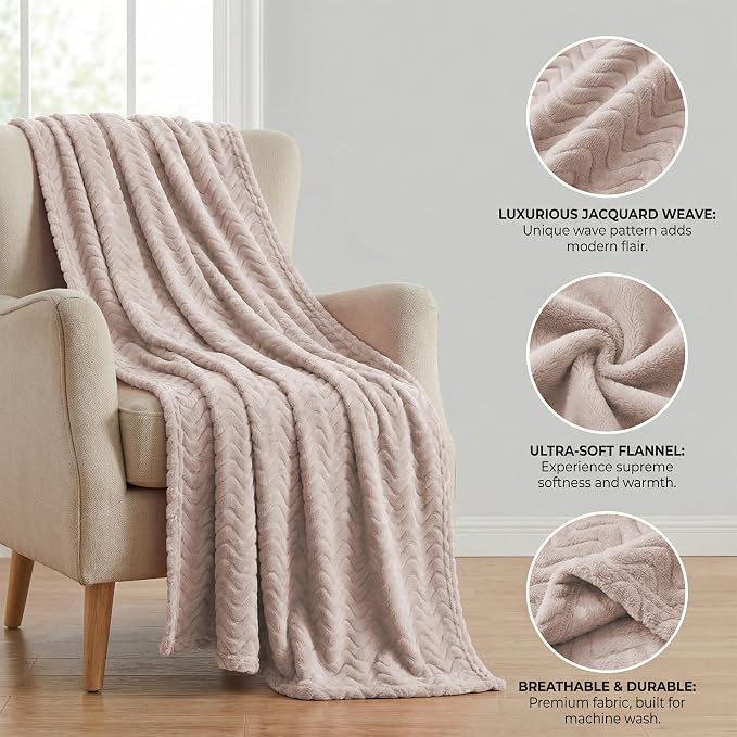 Exclusivo Mezcla Soft Fleece Blanket Queen Size for Bed, Sofa, Camel | 90"x90" Breathable Lightweight Flannel Blanket for Summer, Plush Cozy Jacquard Wave for Home Decor