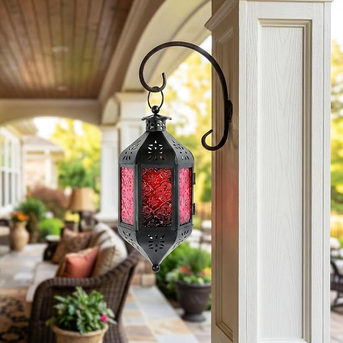 Vela Lanterns Hanging Moroccan Lamp - Exotic Decorative Patio & Porch Decor, Indoor Outdoor Tea Light Candle Lantern Holder with Chain (11" Medium, Red Glass)