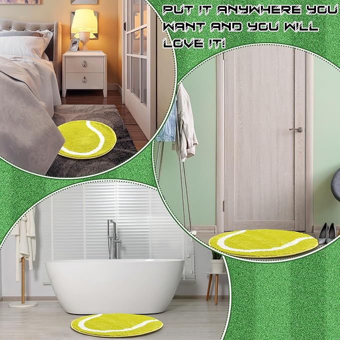 Funtery 25.6 Inch Tennis Ball Decor Gifts Tennis Ball Rug for Bathroom Plush Soft Round Green Mat Sports Washable Room Carpet for Bathroom Bedroom Home Decorative Door Mat Favor Gift