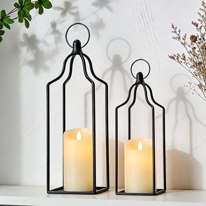 Rustic Farmhouse Decor Metal Lantern Set of 2 Decorative Lanterns for Home Indoor Outdoor Living Room, Fireplace, Patio, Wedding & Kitchen Table Centerpieces (Black, 14.5" 12.2")