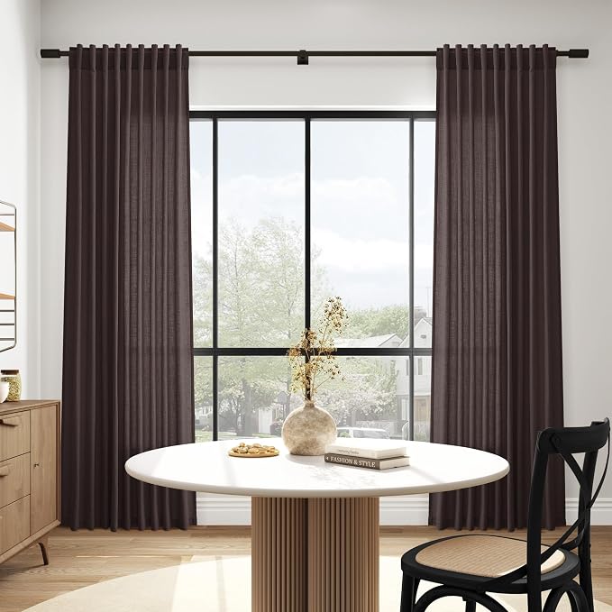 Cocoa Coffee Linen Blend Light Filtering Back Tab Curtains 108 Inches Long, Semi Sheer Privacy Drapes for Living Room & Bedroom, 52x108 inch, 2 Panels