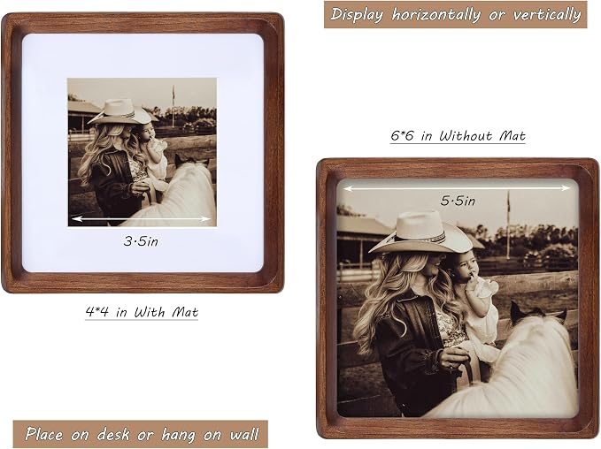 Square 6x6 Picture Frame with Mat for 4x4, USA-Sourced Natural Walnut Wood Handcrafted Rounded Corner with Real Glass, Vertical or Horizontal Display Photo Gallery Wall & Tabletop Frame