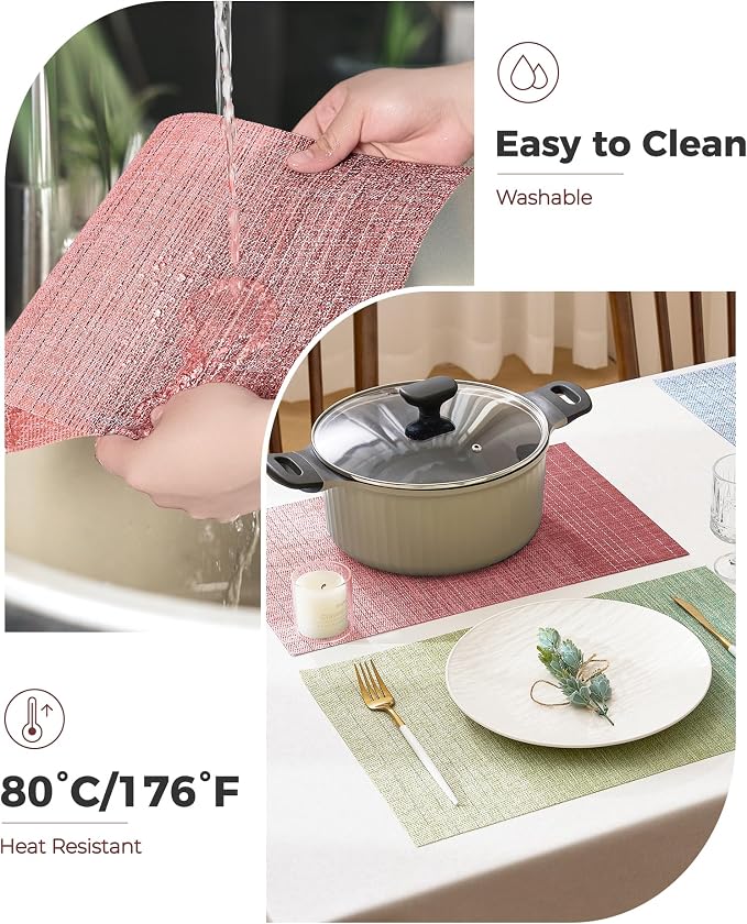 Leetaltree Gradient Pink Woven Placemats Set of 4 - Heat Resistant Non-Slip Place mats for Dining Table, Washable Durable PVC Vinyl Woven Table Mats(Gradient Pink, 4)