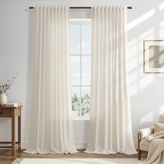 Warm Beige Linen Curtains 102 Inches Long for Bedroom Semi Sheer Light Filtering Modern Farmhouse Textured Hook Belt Back Tab Pleated Rod 102 Inch Window Curtain for Dining Room Nursery 2 Panels