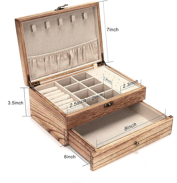 Pinzoveco Jewelry Box for Women, Rustic Wooden Jewelry Organizer Box for Storage Earrings Rings Necklace Bracelet, Farmhouse Style Wood Jewelry Boxes & Organizers (Torched Wood Color)
