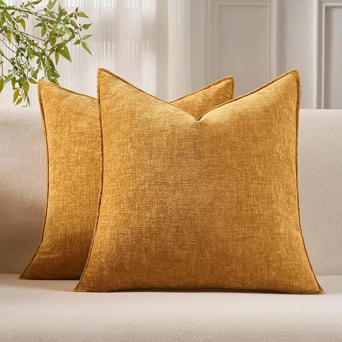 JUSPURBET 16x16 Chenille Decorative Throw Pillow Covers Set of 2,Gold | Cozy Soft Cushion Covers Case with Hidden Zipper for Couch Sofa Bed Home Decor Living Room