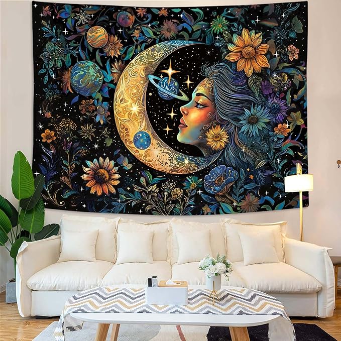Accnicc Sun and Moon Tapestry for Bedroom Hippie Boho Floral Flower Plant Wall Tapestry Aesthetic Vintage Galaxy Celestial Star Spiritual Large Tapestries Wall Hanging for Living Room Dorm 80 x 60 Inch