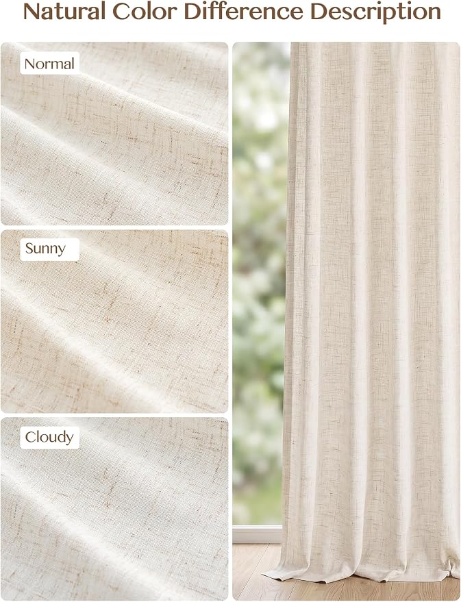 Liz Pinch Pleated Linen Curtains 100 Inches Long - Light Filtering Curtains for Living Room, Semi Sheer Window Curtains for Bedroom, Luxury Pinch Pleated Drapes with Hooks, Natural, 2 Panels Set