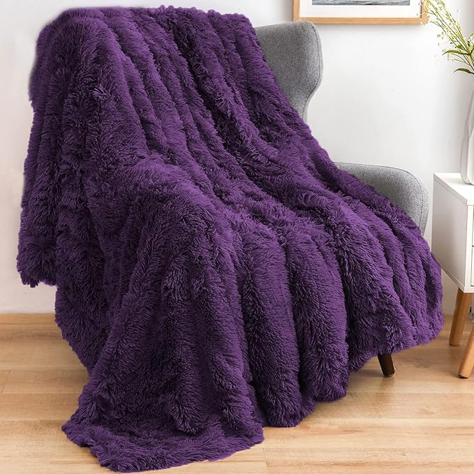 GONAAP Fuzzy Faux Fur Throw Blanket for Couch, Purple, 50"x60" | Warm Cozy Plush Shaggy Decorative Reversible Thick Non-Heated Fleece Blanket for Sofa Bed, Gift for Women Men, All Season Use