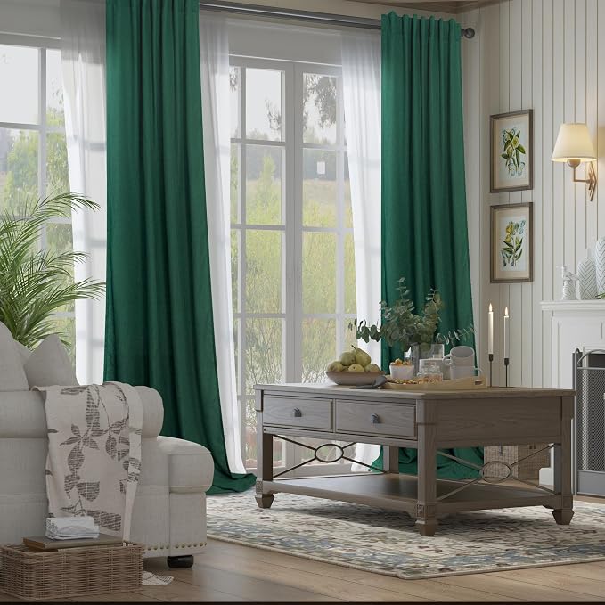Dark Green Curtains 84 Inch Length for Bedroom 2 Panels Back Tab Pocket Hunter Green Drape Light Filtering Semi Sheer Linen Forest Emerald Green Curtain for Living Room Boho Christmas Decor 52x84 Long