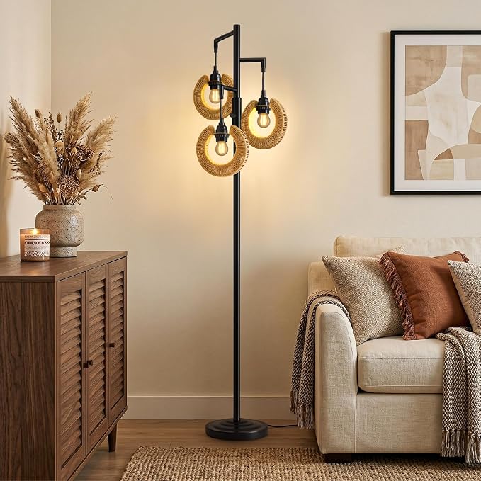 OYEARS 70" Boho Floor Lamps for Living Room, Stepless Dimmable Rattan Floor Lamp, Farmhouse Tall Lamps for Bedroom, Standing Tree Lamp for Office, Nursery, Rotary Switch, 3 LED Bulbs Included, Black