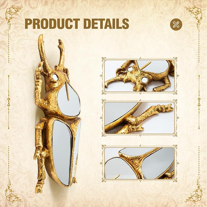 Decorative Bug Insects Animals Beetle Mirrors - Gold Resin and Glass Wall Decor, Perfect for Victorian and European Themed Homes