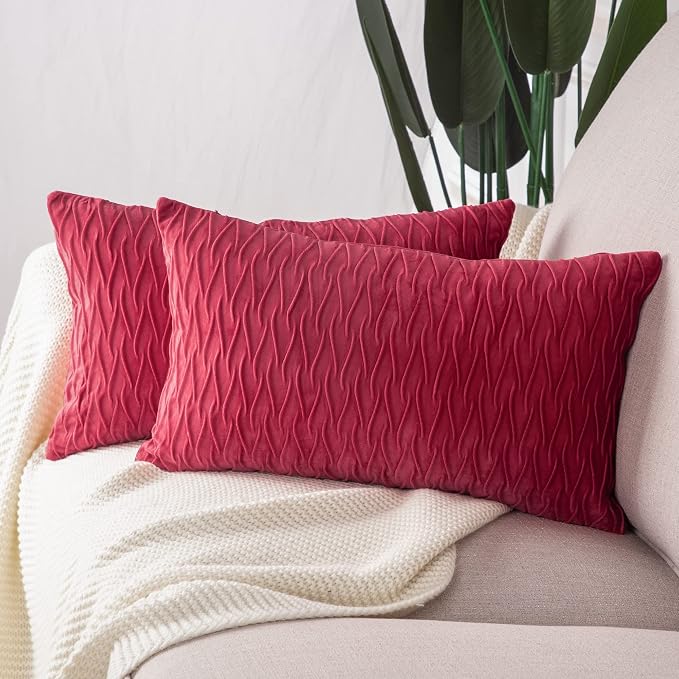 MADIZZ Set of 2 Super Soft Velvet Decorative Throw Pillow Covers 12x20 inch Red Rectangular with Texture Luxury Style Cushion Case Pillow Shell for Sofa Bedroom