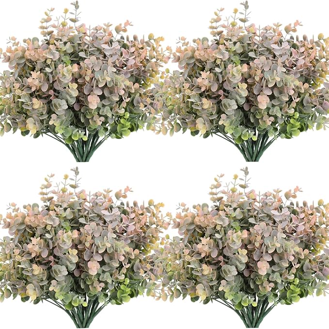 RECUTMS 12Bundles Artificial Eucalyptus Greenery Plant Stem 13In Dusty Pink | Plastic Boxwood Shrubs Branches,No Maintenance,Long-term Reuse,Table Arrangement,Farmhouse Garden Vase Outdoor Planter Decor