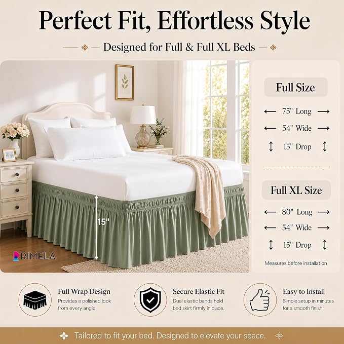Sage Green Bed Skirt Full Size 15" Drop, Elastic Wrap Around Bedskirt | Solid Ruffled, Easy to Use, No Mattress Lifting, Wrinkle & Fade Resistant, with Adhesive Strips, Machine Wash/Dry/Iron