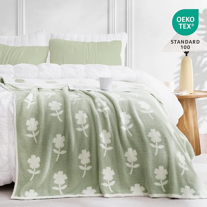 Snuggle Sac Twin Size Bedding Blanket, Sage Green Flower Throw Blanket for Couch, Microfiber Fluffy Warm Cozy Fuzzy Soft Reversible Blankets, Sage Green, 60x80 inches