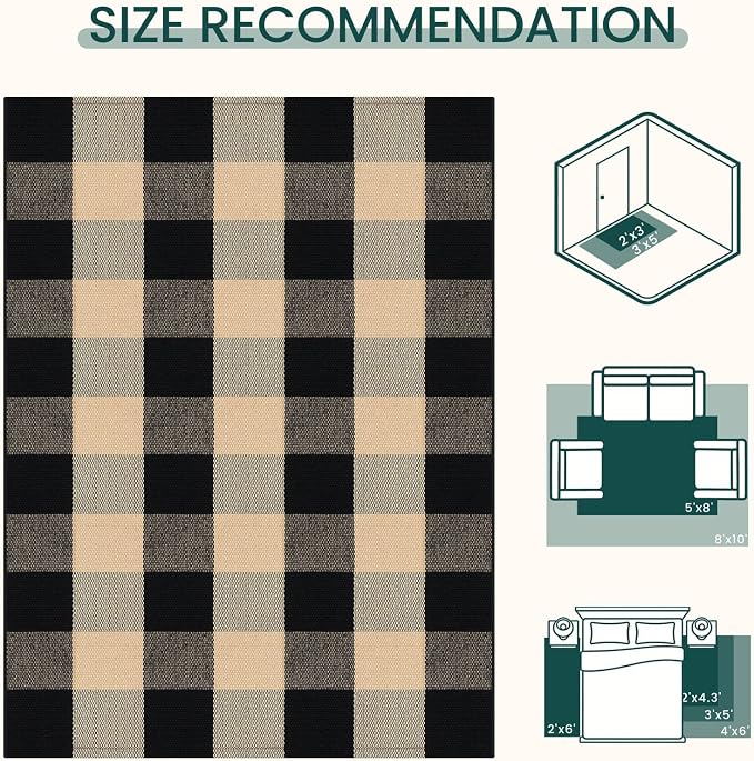 KOZYFLY Buffalo Plaid Area Rug 4 x 6 Ft Brown and Black Checkered Rug | Washable Outdoor Rugs, Cotton Front Porch Rug, Woven Front Door Rug, Indoor Carpet for Living Room Dining Room Kitchen Patio