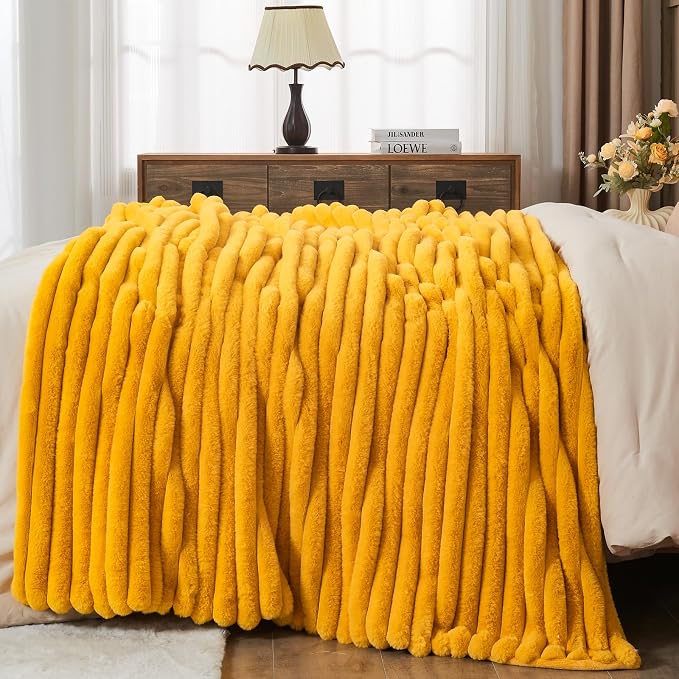 NEWCOSPLAY Faux Fur Ribbed Throw Blanket for Couch, Mustard Yellow, 50"x60" | Plush Soft Thick Warm Blanket for Couch Sofa Bed 850GSM, Fluffy Cozy Luxury Decorative Throw, Gift for Women Men