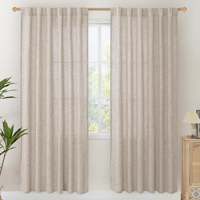 YoungsTex Linen Semi Sheer Curtains 78 Inch Length for Living Room | Light Filtering Window Drapes Rod Pocket Back Tab Natural Privacy for Dining Bedroom, 2 Panels, 52 X 78 Inch