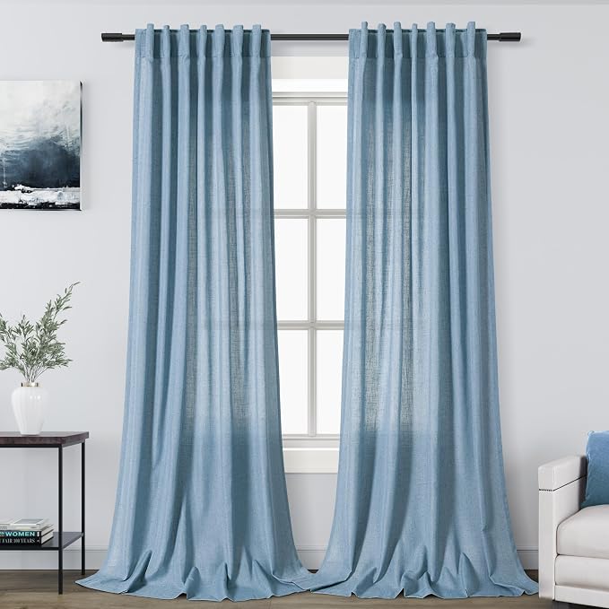 Blue Linen Curtains for Living Room 2 Panels Set Extra Long Back Tab Light Filtering Semi Sheer Curtain Drapes for Bedroom Neutral Farmhouse Ceiling to Floor for Large Window 52x100