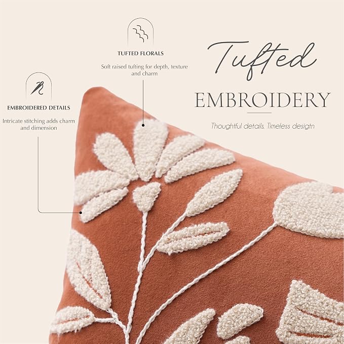 BlissBlush Lumbar Pillow Cover 12x20 Inch, Rust Terracotta Floral Tufted Velvet Decorative Accent Pillow Case for Sofa Bed Living Room, Cover Only