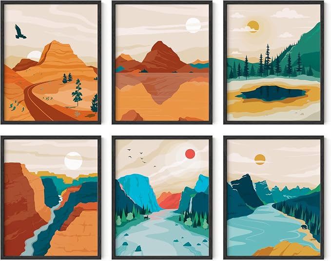 HAUS AND HUES National Parks Posters Set of 6 Landscape Pictures, Nature Prints Mountain Painting Abstract Nature Wall Art, Scandinavian Wall Art Mountains (16x20, Unframed)