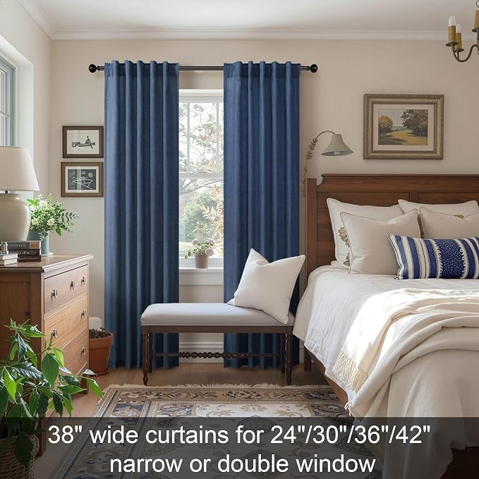 Navy Blue Curtains 38 Inch Wide for Living Room 2 Panel Back Tab Pocket Light Filtering Semi Sheer Linen Long Skinny Small Curtain for Windows Farmhouse Bedroom Entry Door Doorway Width 38 x 84 Length