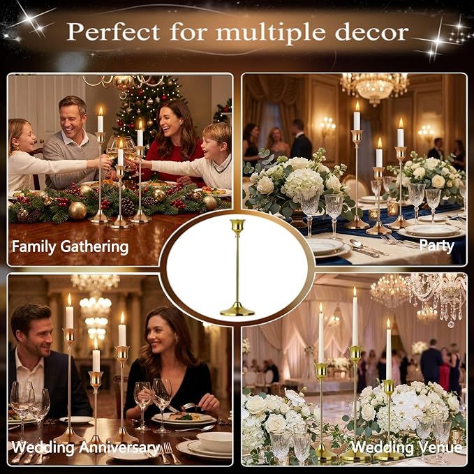 2 Sets Candle Holder Gold Candlestick Holders -Vintage Modern Metal Taper Candle Holders, Decorative Centerpiece for Table Mantel, Wedding Kitchen Home Decor, Wedding Gift,6Pcs