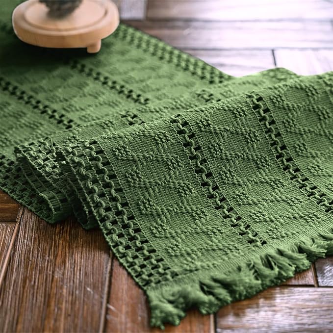 Macrame Table Runner Green Boho Table Runners with Tassels 12x48in | Alynsehom Hand Woven Cotton Table Runner Rustic Farmhouse Table Runners for Bohemian Kitchen Dining Table