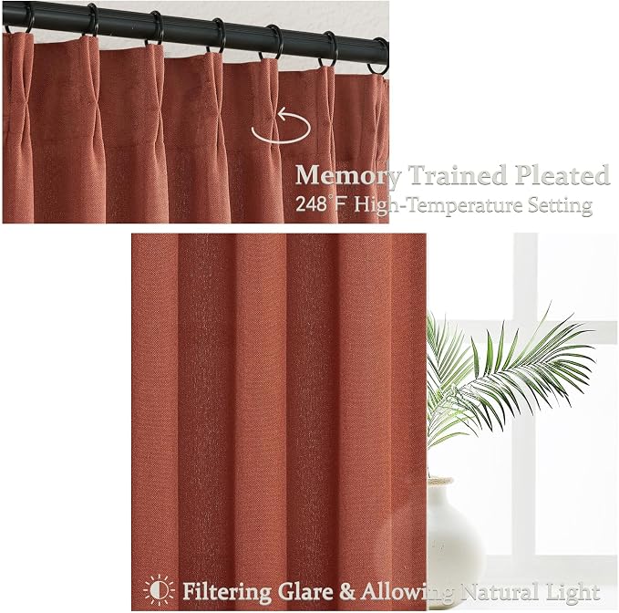 Extra Long Burnt Orange Sheer Fall Curtains & Drapes 108 Inches Long 2 Panels for Kids Room Nursery, Luxury Decor Pinch Pleated Faux Linen Light Filtering Office Floor to Ceiling 40 x 108 Length Burg