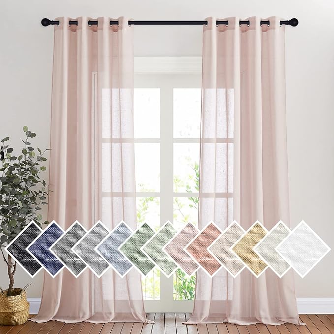 NICETOWN Linen Textured Semi Sheer Bedroom Curtains, Grommet Top Flew to Floor Thick Semitransparent Window Treatment Privacy Light Reducing for Nursery, W52 x L96, Dusty Blush, 2 Panels