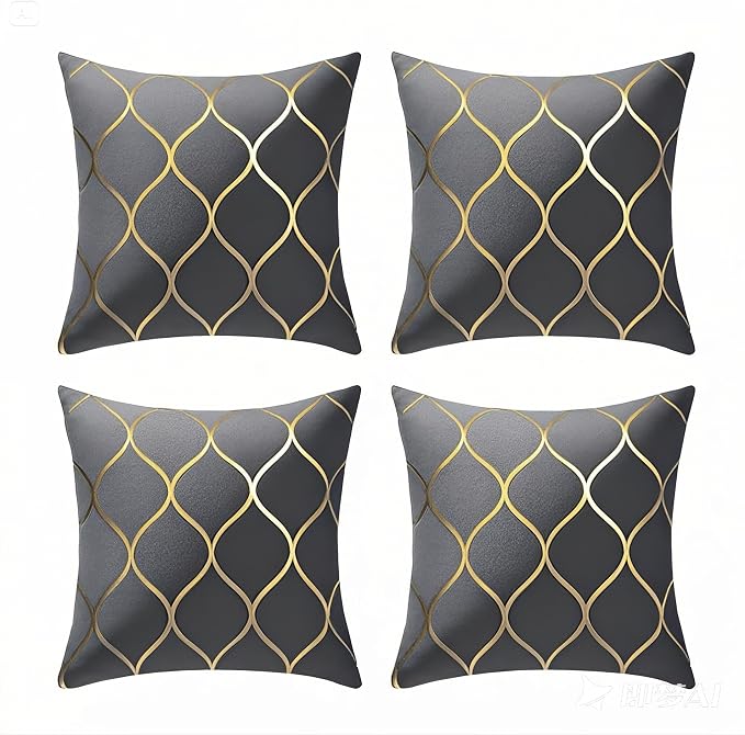 Gyulin Pack of 4 Gold Velvet Throw Pillow Covers 18x18 Inches Solid Square Pillow Covers Geometric Cushion Covers for Couch Sofa Home Bedroom Decor, Grey/Gray