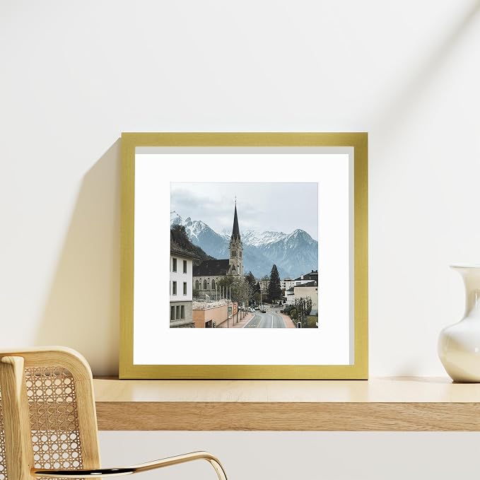Vittanly 12x12 Picture Frames Set of 9 for Wall Mounting, Gold | Display Pictures 8x8 with Mat or 12x12 without Mat for Wall Mounting, Square Photo Frames for Home Decor, Engineered Wood
