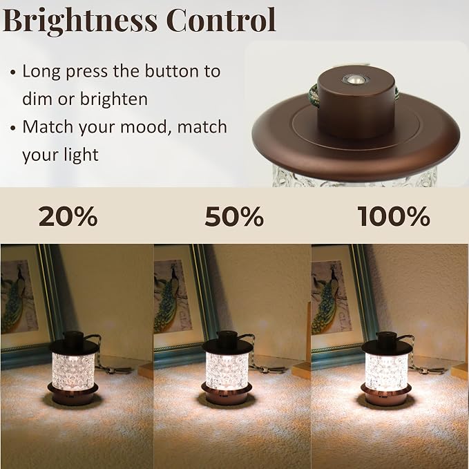 Cordless Small Table Lamp, Metal Glass, Lanyard, Rechargeable, Dimmable